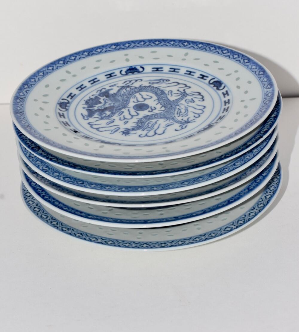 6 - Chinese Translucent Rice Grain Dragon & Fire Jingdezhen Porcelain 7" Plates